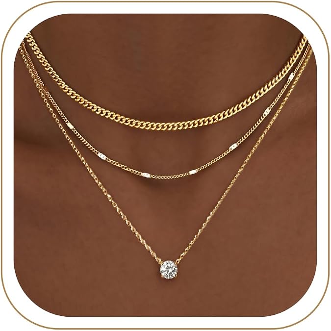 WomenGifts Layered Gold Necklaces for Women, 14K Gold Sterling Silver Plated Dainty Pendant Necklace Set Non Tarnish, Chunky Stackable Cuban Chain Choker, Trendy Birthstone Vacation Jewelry Gift