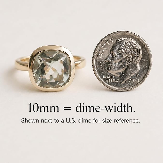 Green Amethyst Prasiolite Cushion Cut Ring 10x10mm – 925 Solid Sterling Silver with 3 Micron Gold Plating – Natural Authentic Gemstone, Scandinavian Handmade Fine Jewelry for Women