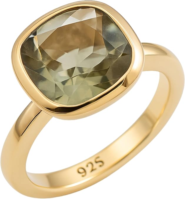 Green Amethyst Prasiolite Cushion Cut Ring 10x10mm – 925 Solid Sterling Silver with 3 Micron Gold Plating – Natural Authentic Gemstone, Scandinavian Handmade Fine Jewelry for Women