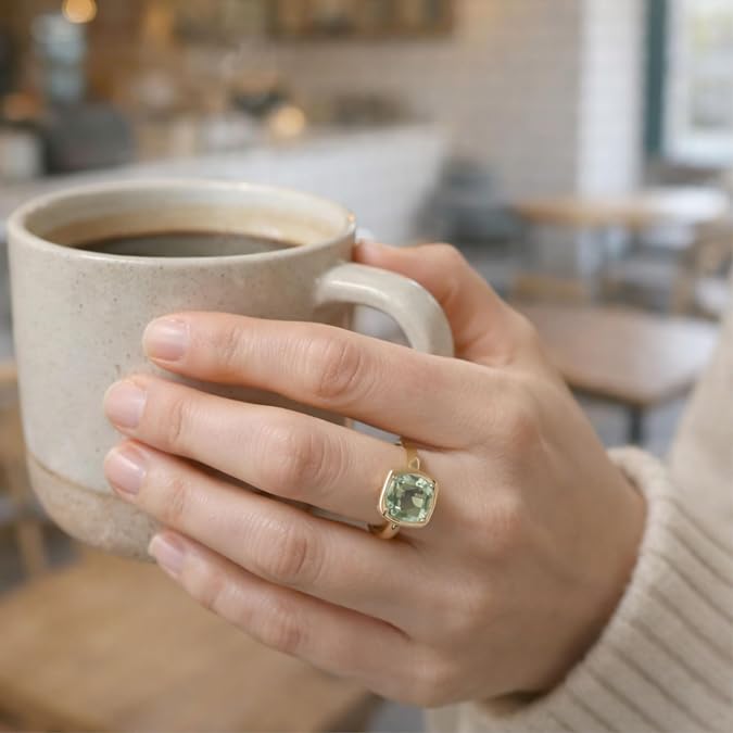 Green Amethyst Prasiolite Cushion Cut Ring 10x10mm – 925 Solid Sterling Silver with 3 Micron Gold Plating – Natural Authentic Gemstone, Scandinavian Handmade Fine Jewelry for Women
