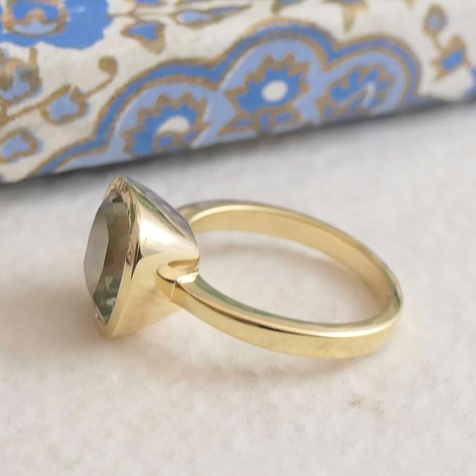 Green Amethyst Prasiolite Cushion Cut Ring 10x10mm – 925 Solid Sterling Silver with 3 Micron Gold Plating – Natural Authentic Gemstone, Scandinavian Handmade Fine Jewelry for Women