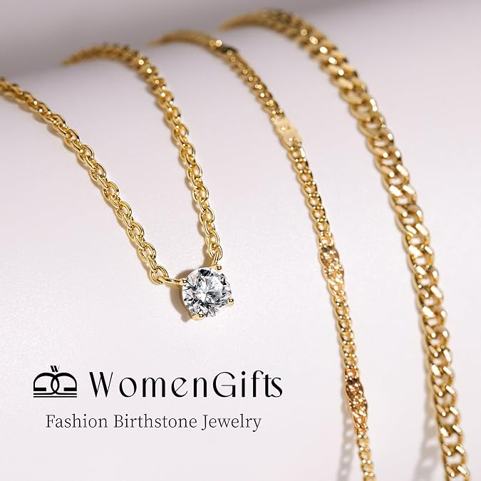 WomenGifts Layered Gold Necklaces for Women, 14K Gold Sterling Silver Plated Dainty Pendant Necklace Set Non Tarnish, Chunky Stackable Cuban Chain Choker, Trendy Birthstone Vacation Jewelry Gift