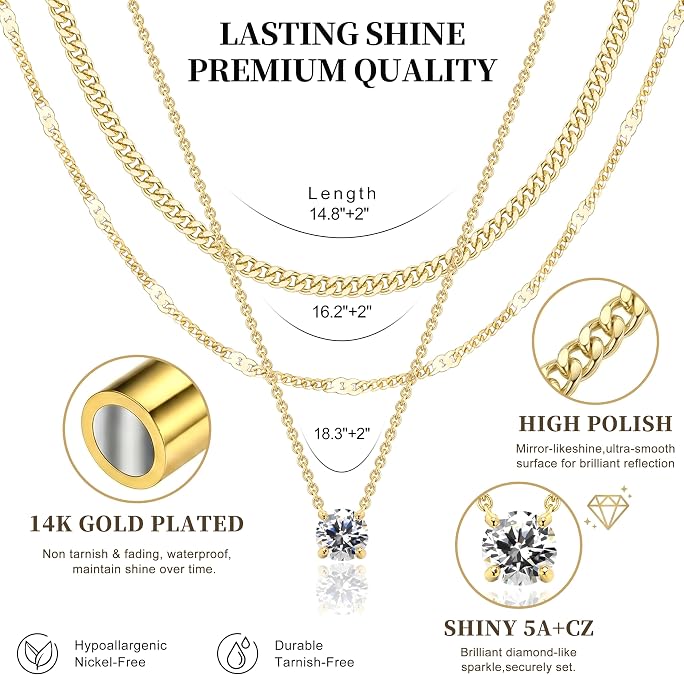 WomenGifts Layered Gold Necklaces for Women, 14K Gold Sterling Silver Plated Dainty Pendant Necklace Set Non Tarnish, Chunky Stackable Cuban Chain Choker, Trendy Birthstone Vacation Jewelry Gift