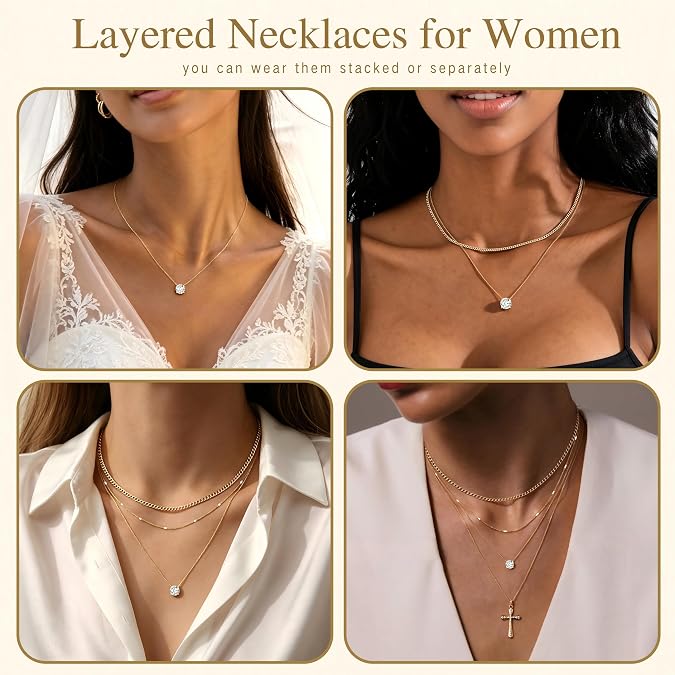 WomenGifts Layered Gold Necklaces for Women, 14K Gold Sterling Silver Plated Dainty Pendant Necklace Set Non Tarnish, Chunky Stackable Cuban Chain Choker, Trendy Birthstone Vacation Jewelry Gift