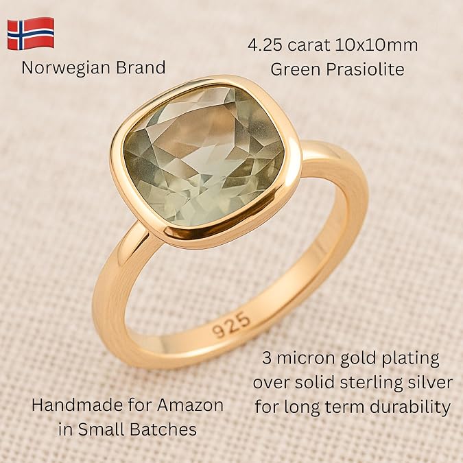 Green Amethyst Prasiolite Cushion Cut Ring 10x10mm – 925 Solid Sterling Silver with 3 Micron Gold Plating – Natural Authentic Gemstone, Scandinavian Handmade Fine Jewelry for Women